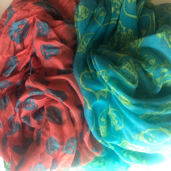 Long Kooky Scull Scarves/Wraps 1-Turquoise, 1- Tangerine - Picture 4 of 8